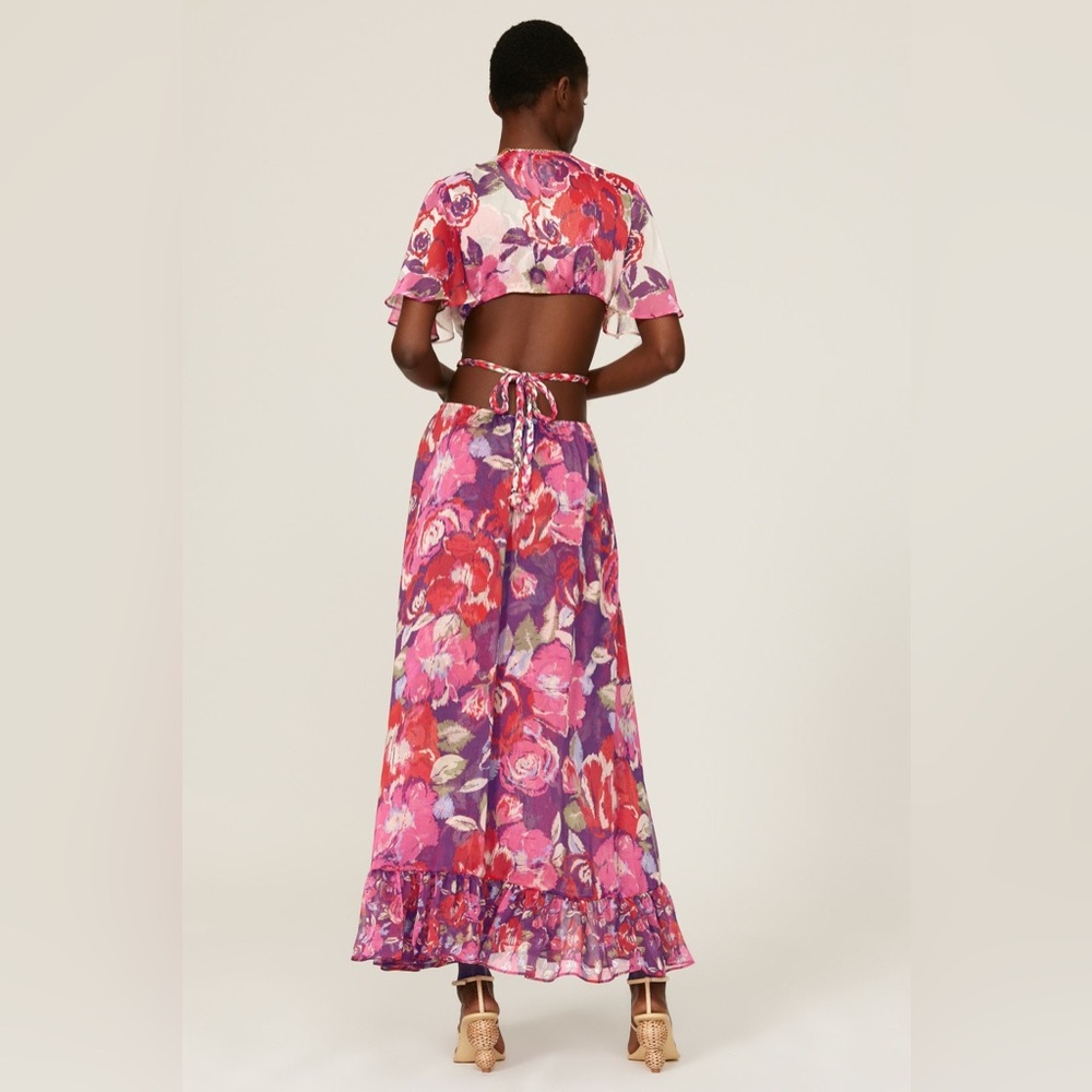 MISA Los Angeles Floral Chiffon Midi Dress Boho Pink Purple Button Front L - Picture 2 of 10